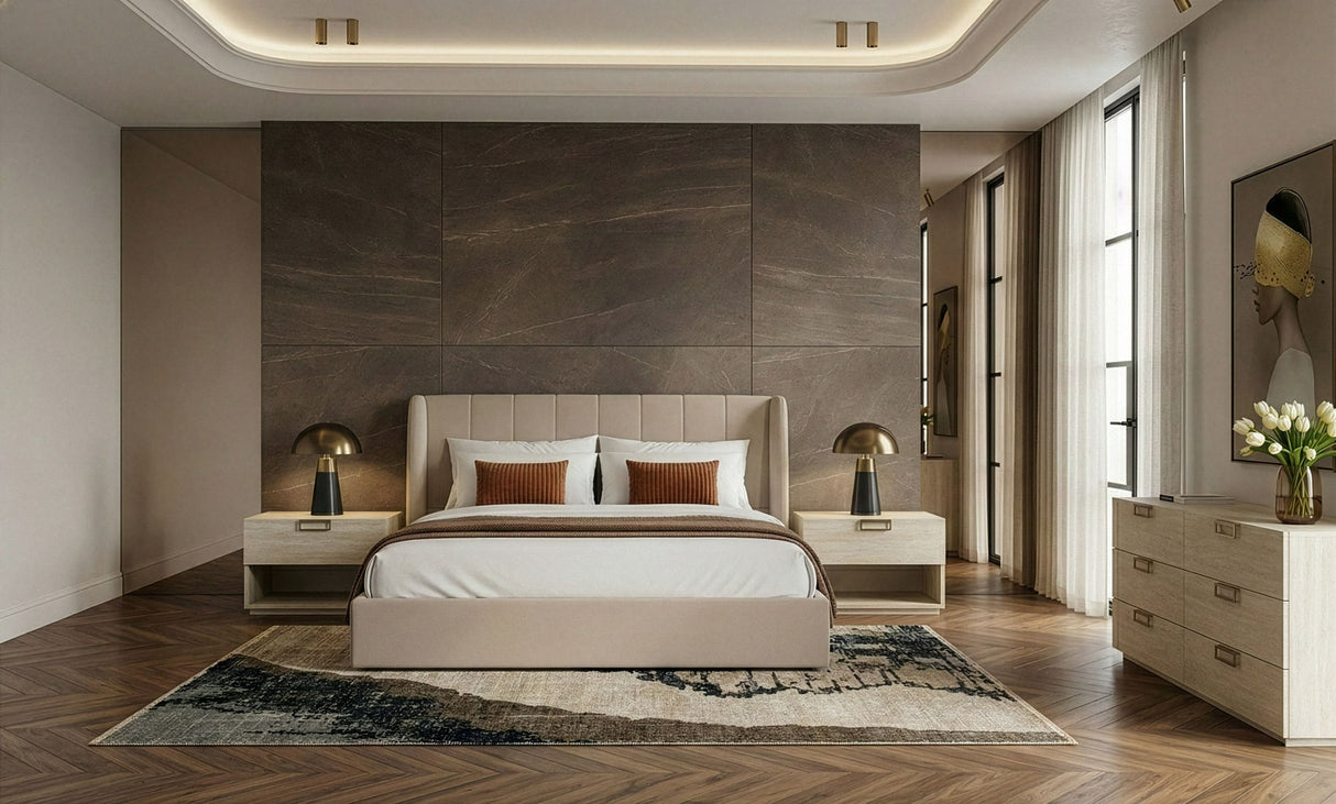 Eastern King Kiro + Lago - Modern Tan Fabric + Faux Travertine 4-Piece Bedroom Set