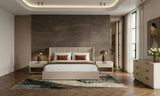 Eastern King Kiro + Lago - Modern Tan Fabric + Faux Travertine 4-Piece Bedroom Set