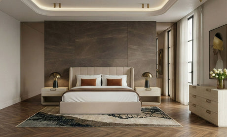 Eastern King Kiro + Lago - Modern Tan Fabric + Faux Travertine 4-Piece Bedroom Set
