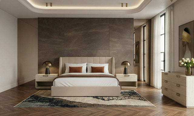 Eastern King Kiro + Lago - Modern Tan Fabric + Faux Travertine 4-Piece Bedroom Set - View Image 1