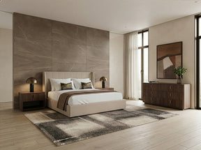 Eastern King Kiro + Roma - Modern Tan Fabric + Walnut 4-Piece Bedroom Set - View Image 1