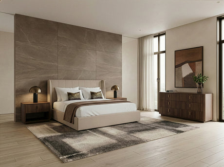 Queen Kiro + Roma - Modern Tan Fabric + Walnut 4-Piece Bedroom Set