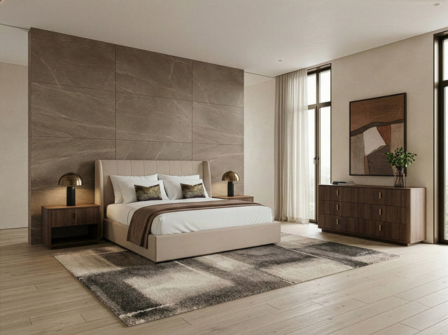 Eastern King Kiro + Roma - Modern Tan Fabric + Walnut 4-Piece Bedroom Set - View Image 1