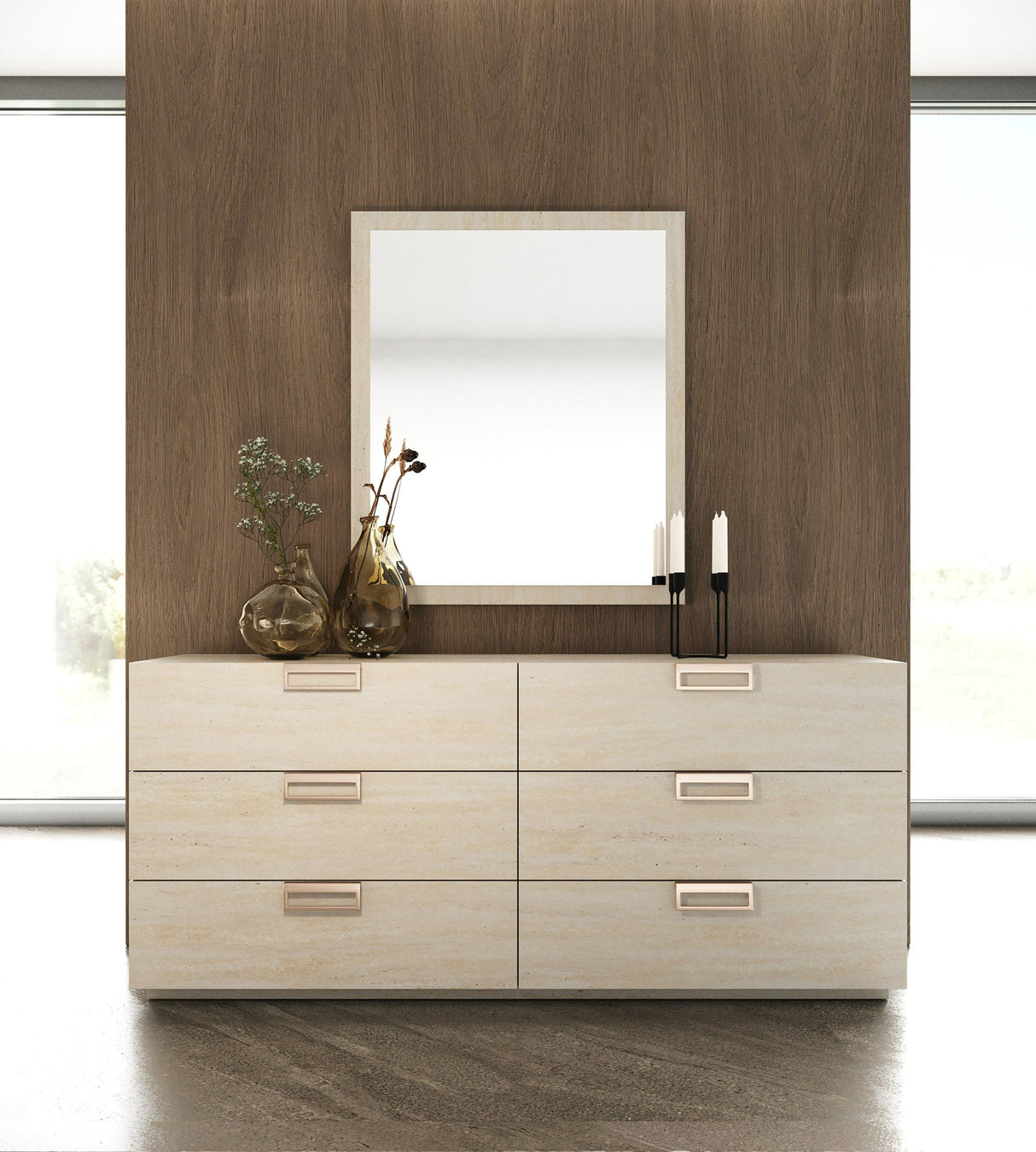 Eastern King Kiro + Lago - Modern Tan Fabric + Faux Travertine 4-Piece Bedroom Set