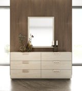 Eastern King Kiro + Lago - Modern Tan Fabric + Faux Travertine 4-Piece Bedroom Set