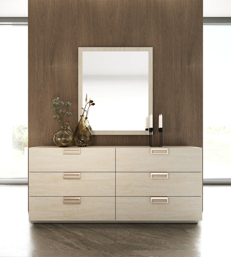 Eastern King Kiro + Lago - Modern Tan Fabric + Faux Travertine 4-Piece Bedroom Set