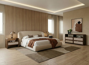 Eastern King Lambert + Emilio - Modern Beige Fabric + Walnut + Burlap 4-Piece Bedroom Set - View Image 1