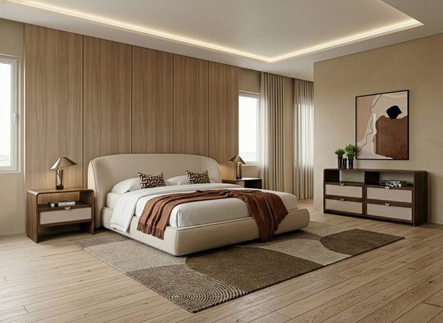 Eastern King Lambert + Emilio - Modern Beige Fabric + Walnut + Burlap 4-Piece Bedroom Set - View Image 1