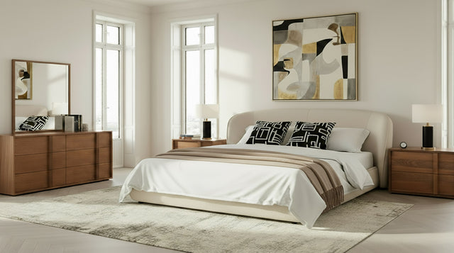 Eastern King Lambert + Berlin - Modern Beige Fabric + Walnut 4-Piece Bedroom Set - View Image 1