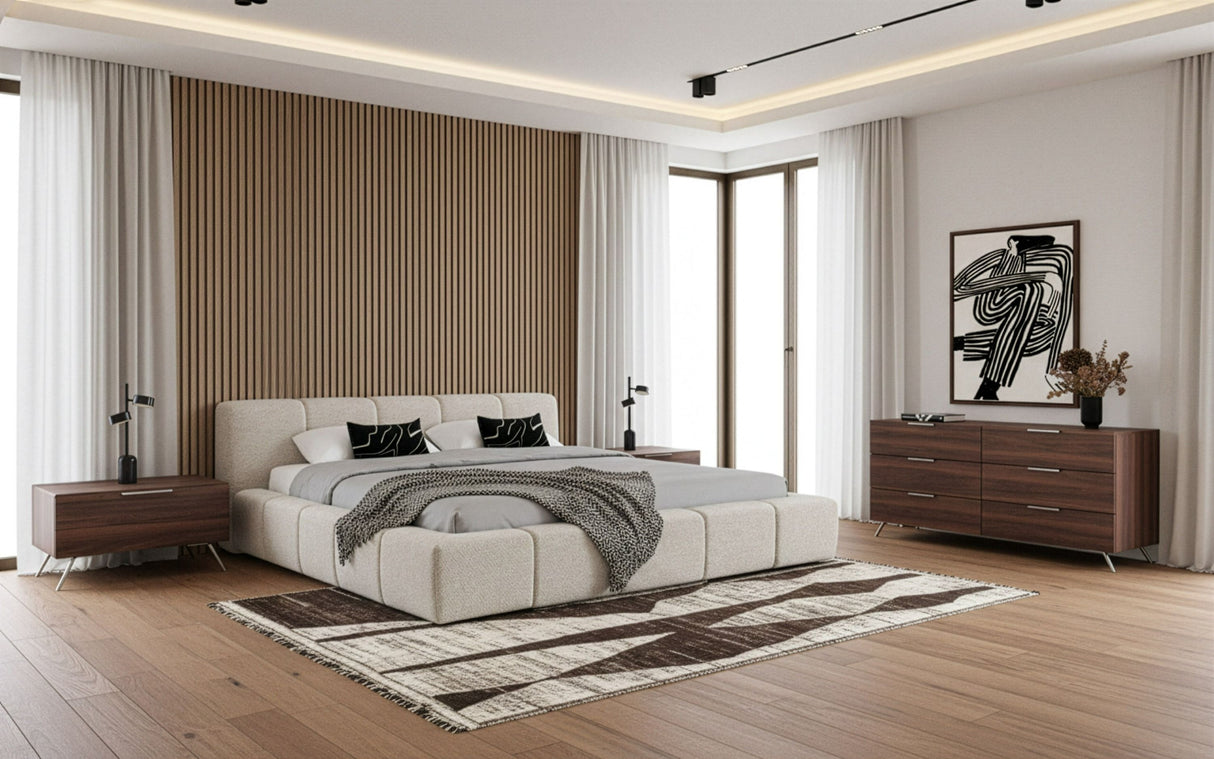 Eastern King Lamont + Brooklyn - Modern Beige Fabric + Walnut 4-Piece Bedroom Set