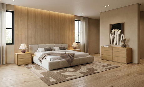 Eastern King Lamont + Dustin - Modern Beige Fabric + Natural Oak 4-Piece Bedroom Set - View Image 1
