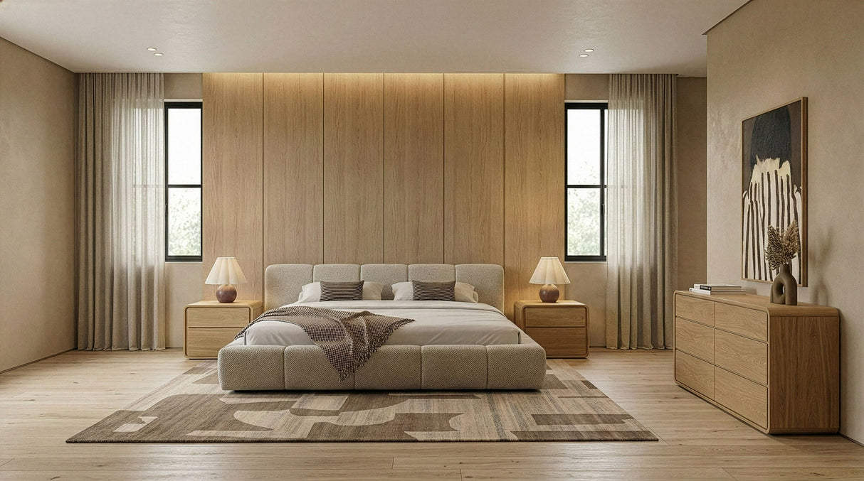 Eastern King Lamont + Dustin - Modern Beige Fabric + Natural Oak 4-Piece Bedroom Set