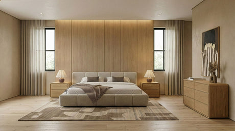 Eastern King Lamont + Dustin - Modern Beige Fabric + Natural Oak 4-Piece Bedroom Set