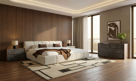 Queen Lamont + Rado - Modern Beige Fabric + Walnut 4-Piece Bedroom Set