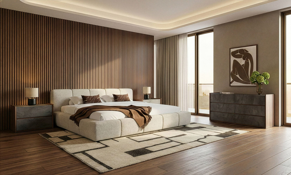 Eastern King Lamont + Rado - Modern Beige Fabric + Walnut 4-Piece Bedroom Set