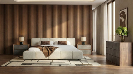 Eastern King Lamont + Rado - Modern Beige Fabric + Walnut 4-Piece Bedroom Set - View Image 1