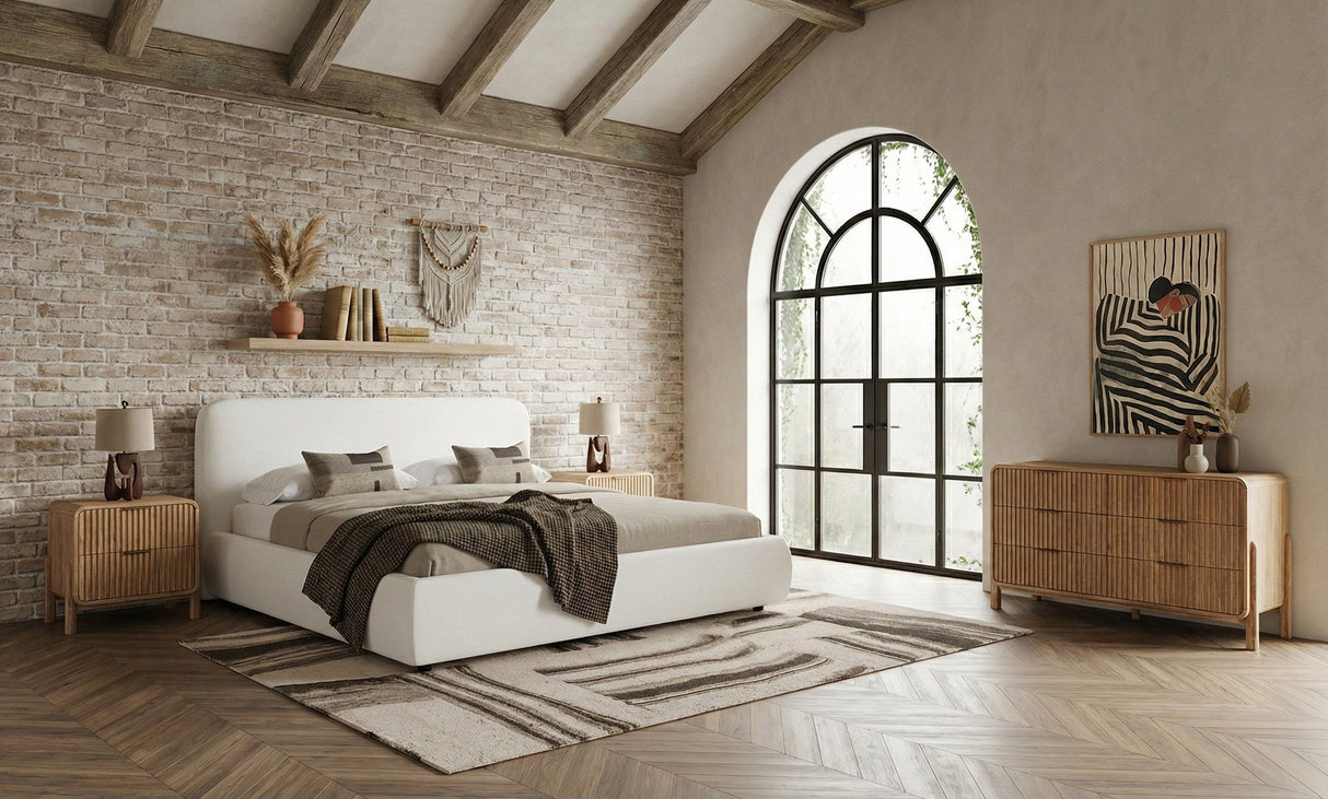 Queen Liam + Mikala - Modern Ivory Fabric + Natural Oak 4-Piece Bedroom Set