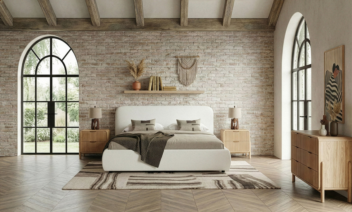 Eastern King Liam + Mikala - Modern Ivory Fabric + Natural Oak 4-Piece Bedroom Set - View Image 1