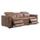 Lioni Leather Power Motion Sofa by Bernhardt in Brown Leather, showcasing power recline features and rich upholstery