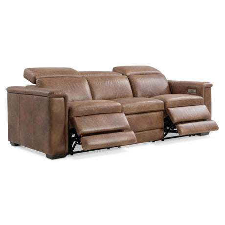 Lioni Leather Power Motion Sofa by Bernhardt in Brown Leather, showcasing power recline features and rich upholstery