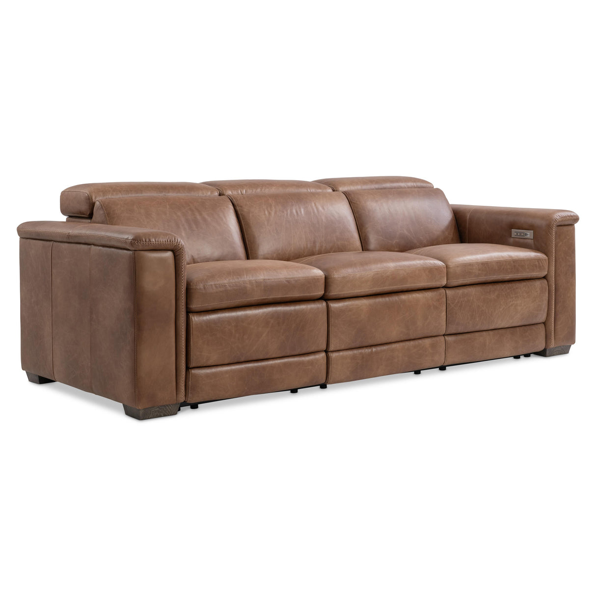 Lioni Leather Power Motion Sofa by Bernhardt in Brown Leather, showcasing power recline features and rich upholstery
