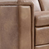 close-up view of the Lioni Leather Power Motion Sofa by Bernhardt in Brown Leather, with power footrests and adjustable headrests