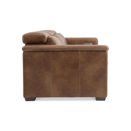 Side view of the Lioni Leather Power Motion Sofa by Bernhardt in Brown Leather