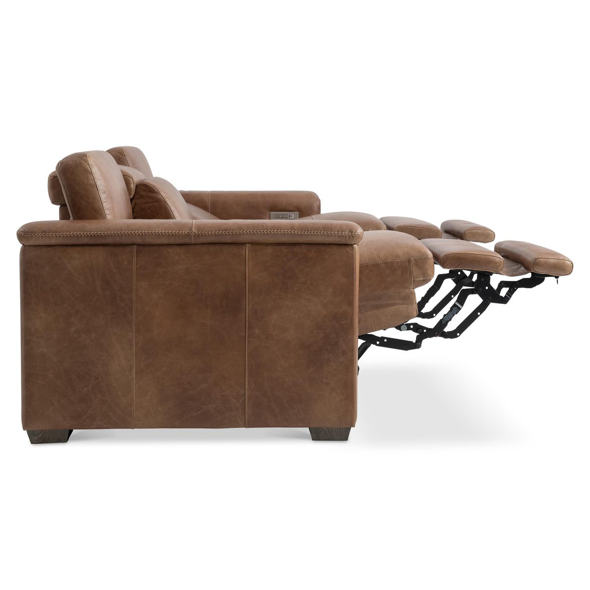 Side view of the Lioni Leather Power Motion Sofa by Bernhardt in Brown Leather, with power footrests and adjustable headrests