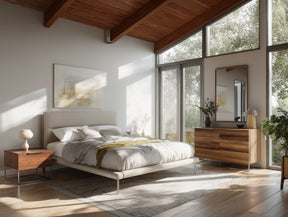 Eastern King Bergeron + Lorenzo - Contemporary Cream Fabric + Light Oak 4-Piece Bedroom Set - View Image 1