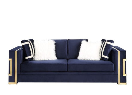 Acme - Virrux Sofa W/6 Pillows LV00293 Blue Velvet & Gold Finish