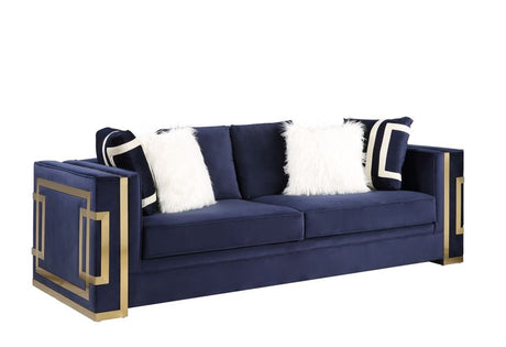 Acme - Virrux Sofa W/6 Pillows LV00293 Blue Velvet & Gold Finish