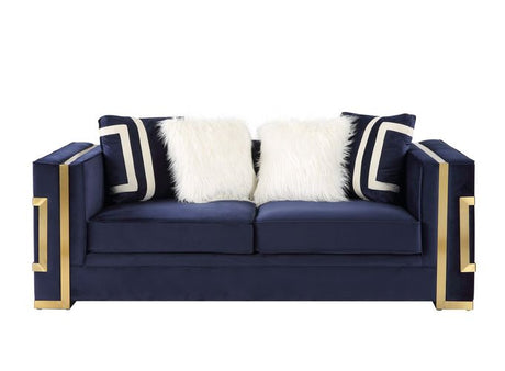 Acme - Virrux Loveseat W/4 Pillows LV00294 Blue Velvet & Gold Finish