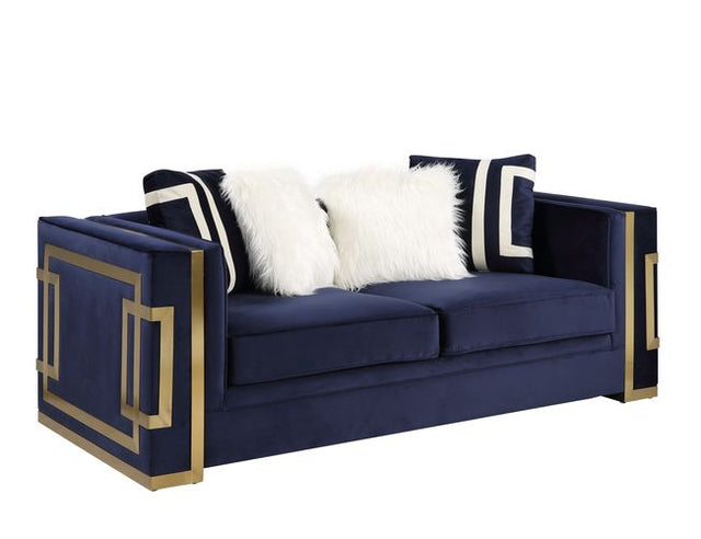 Acme - Virrux Loveseat W/4 Pillows LV00294 Blue Velvet & Gold Finish