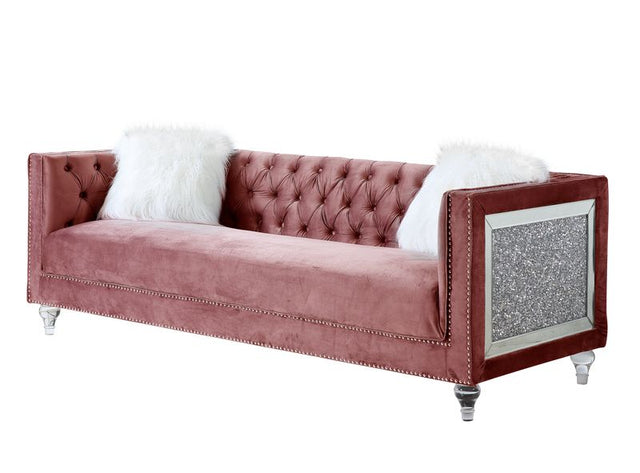 Acme - Heibero II Sofa W/2 Pillows LV00327 Pink Velvet & Faux Diamond Trim