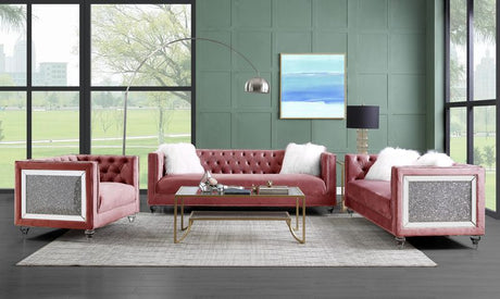 Acme - Heibero II Sofa W/2 Pillows LV00327 Pink Velvet & Faux Diamond Trim