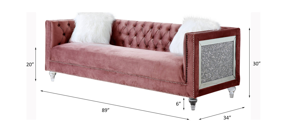 Acme - Heibero II Sofa W/2 Pillows LV00327 Pink Velvet & Faux Diamond Trim