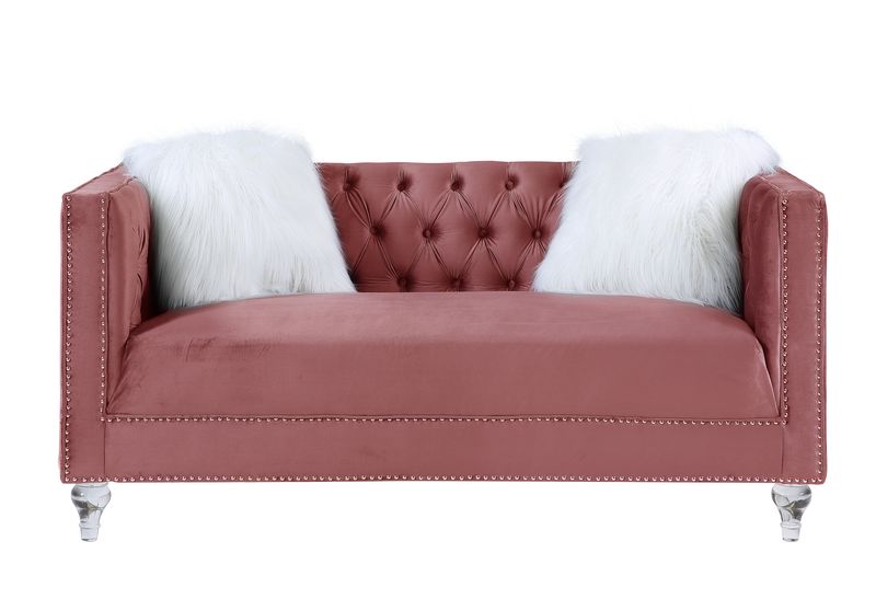 Acme - Heibero II Loveseat W/2 Pillows LV00328 Pink Velvet & Faux Diamond Trim