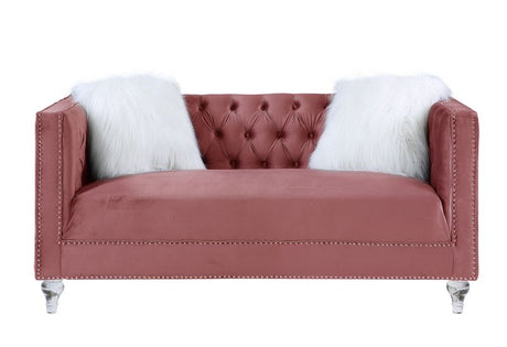 Acme - Heibero II Loveseat W/2 Pillows LV00328 Pink Velvet & Faux Diamond Trim