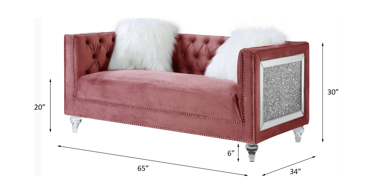 Acme - Heibero II Loveseat W/2 Pillows LV00328 Pink Velvet & Faux Diamond Trim