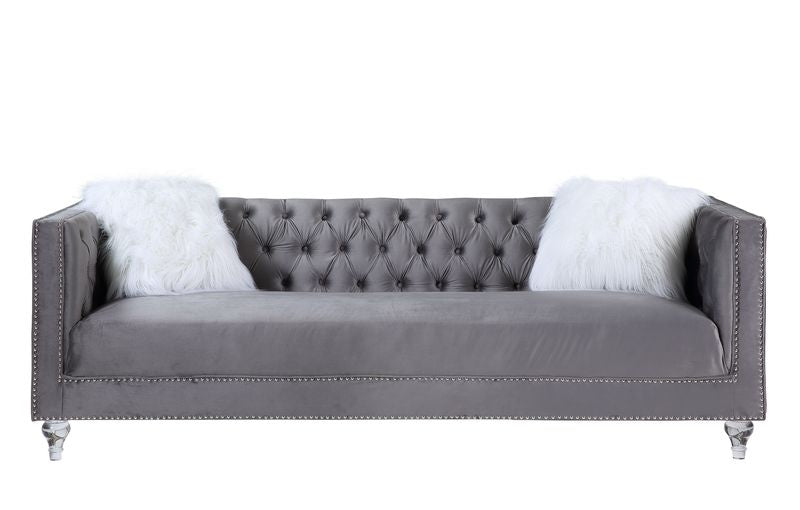 Acme - Heibero II Sofa W/2 Pillows LV00330 Gray Velvet & Faux Diamond Trim