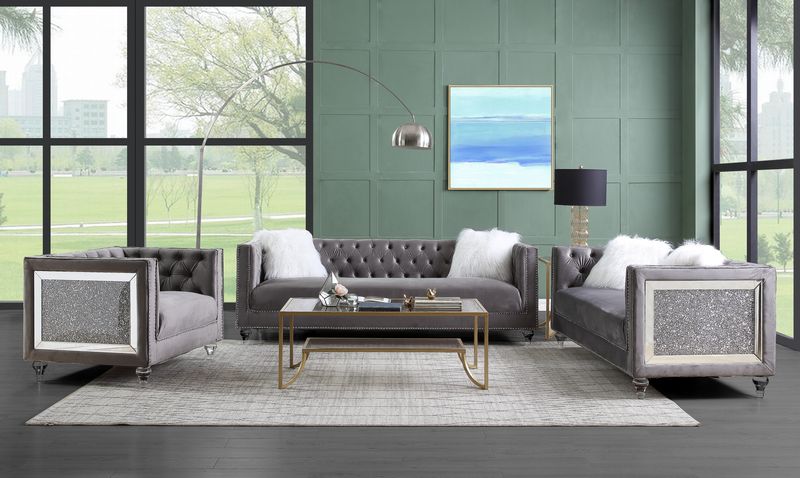 Acme - Heibero II Sofa W/2 Pillows LV00330 Gray Velvet & Faux Diamond Trim