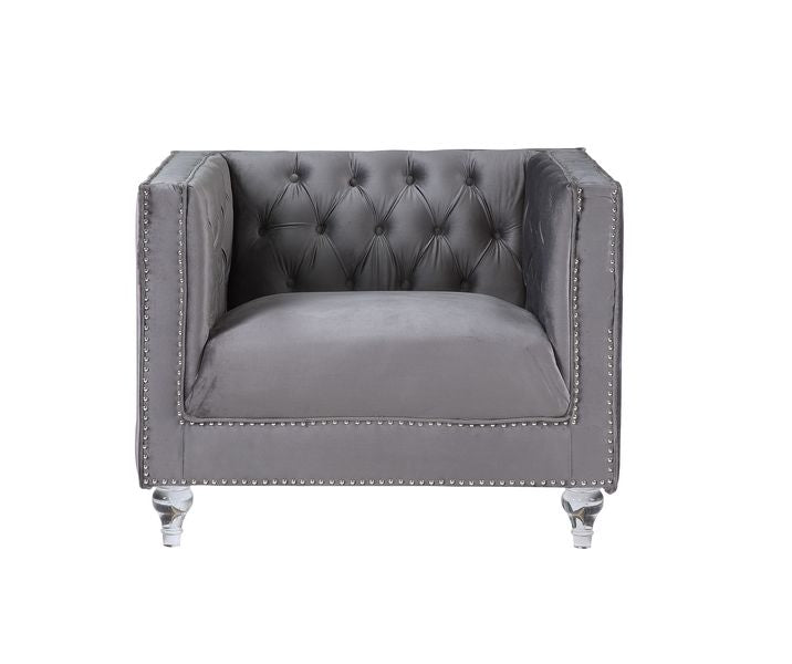 Acme - Heibero II Chair LV00332 Gray Velvet & Faux Diamond Trim