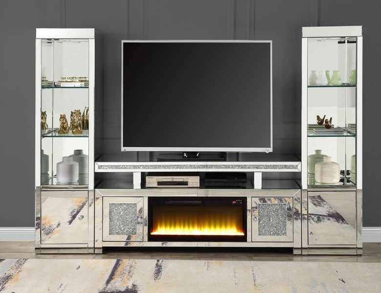 Acme - Noralie Tv Stand W/Fireplace LV00523 Mirrored & Faux Diamonds