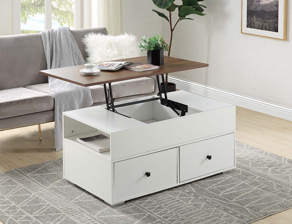 Acme - Raeden Coffee Table W/Lift Top LV00788 White & Walnut Finish