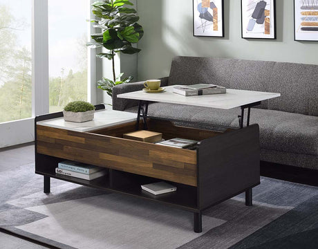 Acme - Axel Coffee Table W/Lift Top LV00828 White Printed Faux Marble Top, Walnut & Black Finish