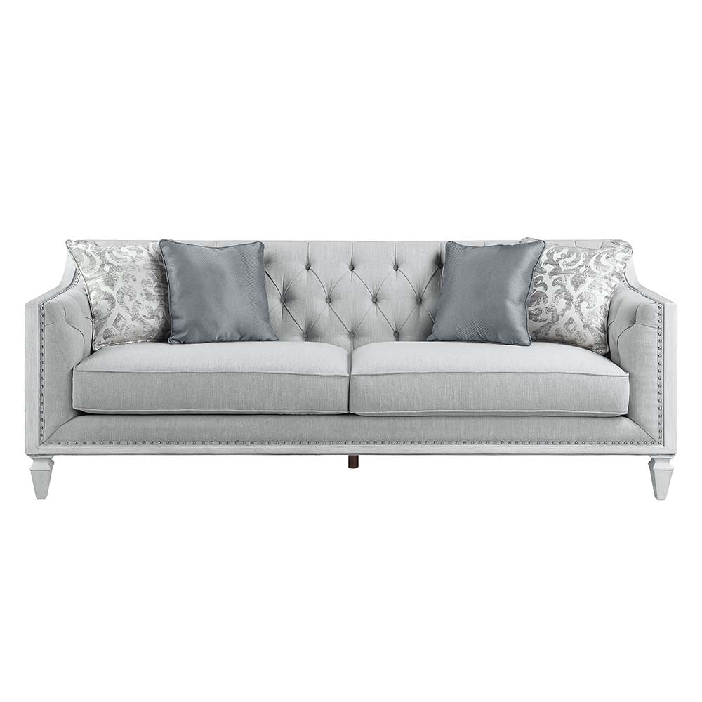 Acme - Katia Sofa W/4 Pillows LV01049 Light Gray Linen & Weathered White Finish