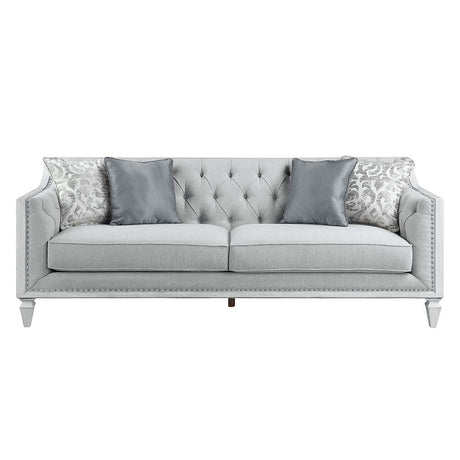 Acme - Katia Sofa W/4 Pillows LV01049 Light Gray Linen & Weathered White Finish