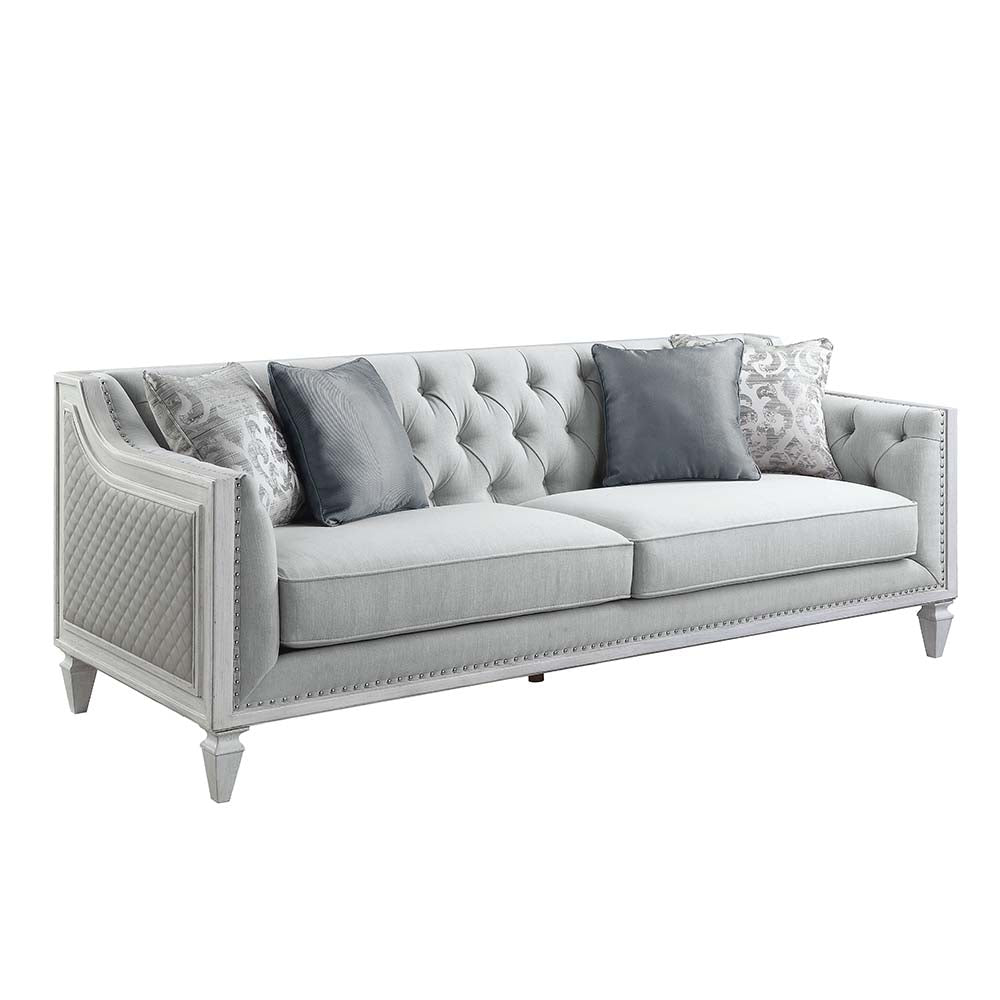 Acme - Katia Sofa W/4 Pillows LV01049 Light Gray Linen & Weathered White Finish