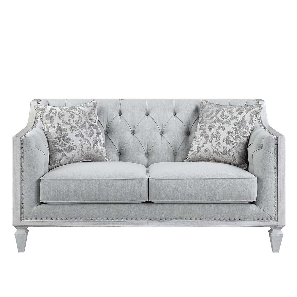 Acme - Katia Loveseat W/2 Pillows LV01050 Light Gray Linen & Weathered White Finish