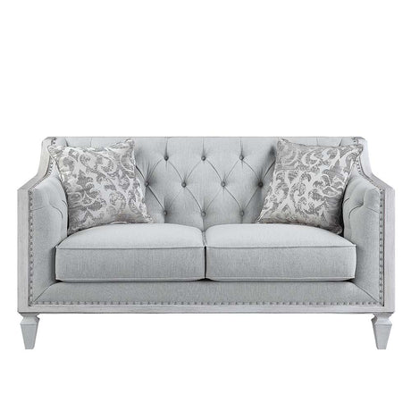 Acme - Katia Loveseat W/2 Pillows LV01050 Light Gray Linen & Weathered White Finish